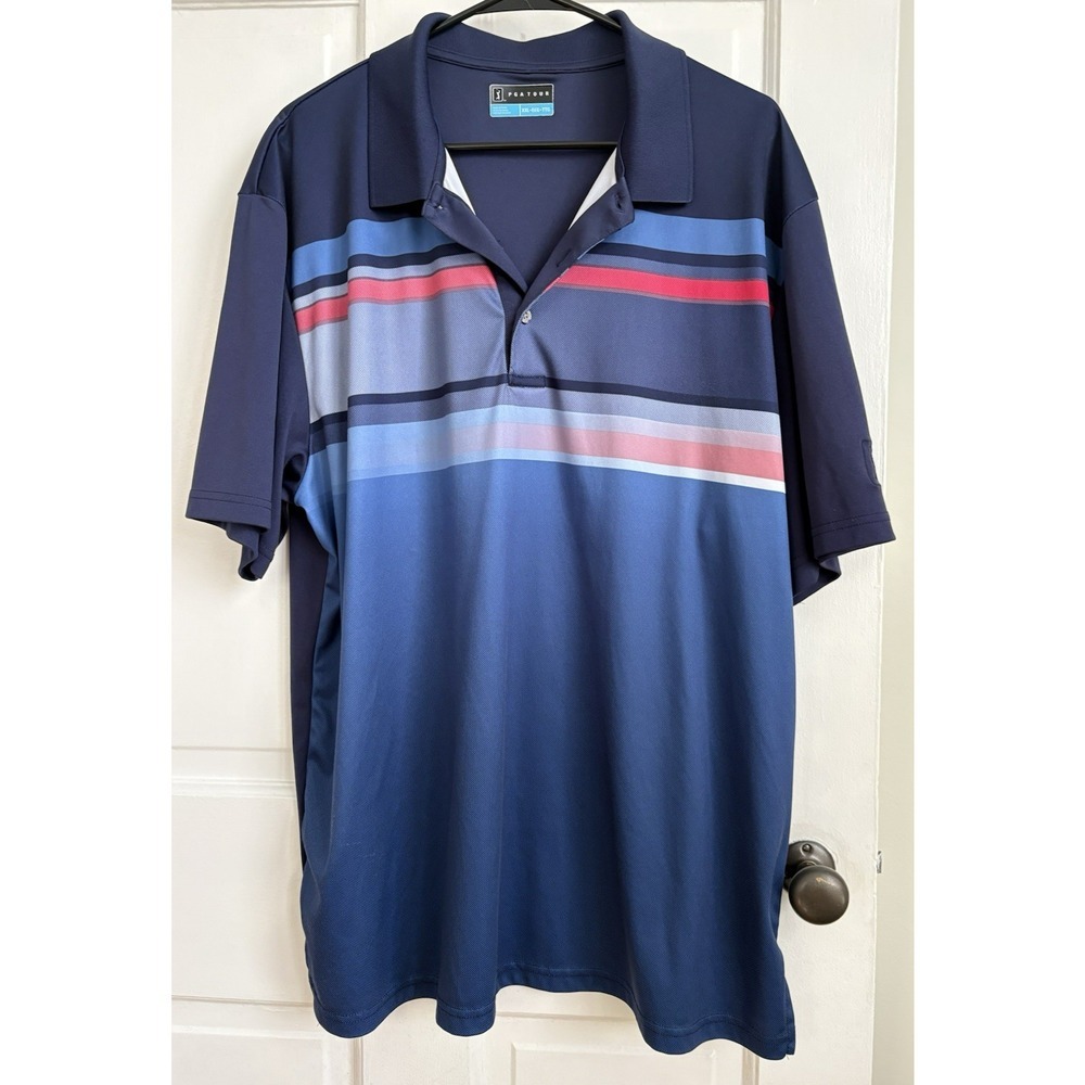 PGA Tour Mens XXL Blue Striped Performance Golf Polo Shirt Short Sleeve Active